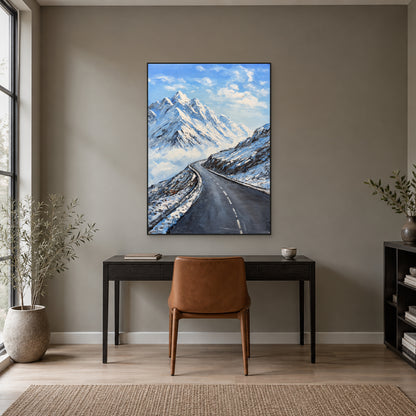 Tableau de route en montagne, cadre flottant noir, au-dessus d’un bureau sombre et d’une chaise couleur cognac