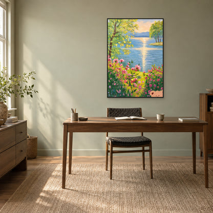 Sunlit lake painting in a black floating frame above a wood desk and woven chair against a muted green wall