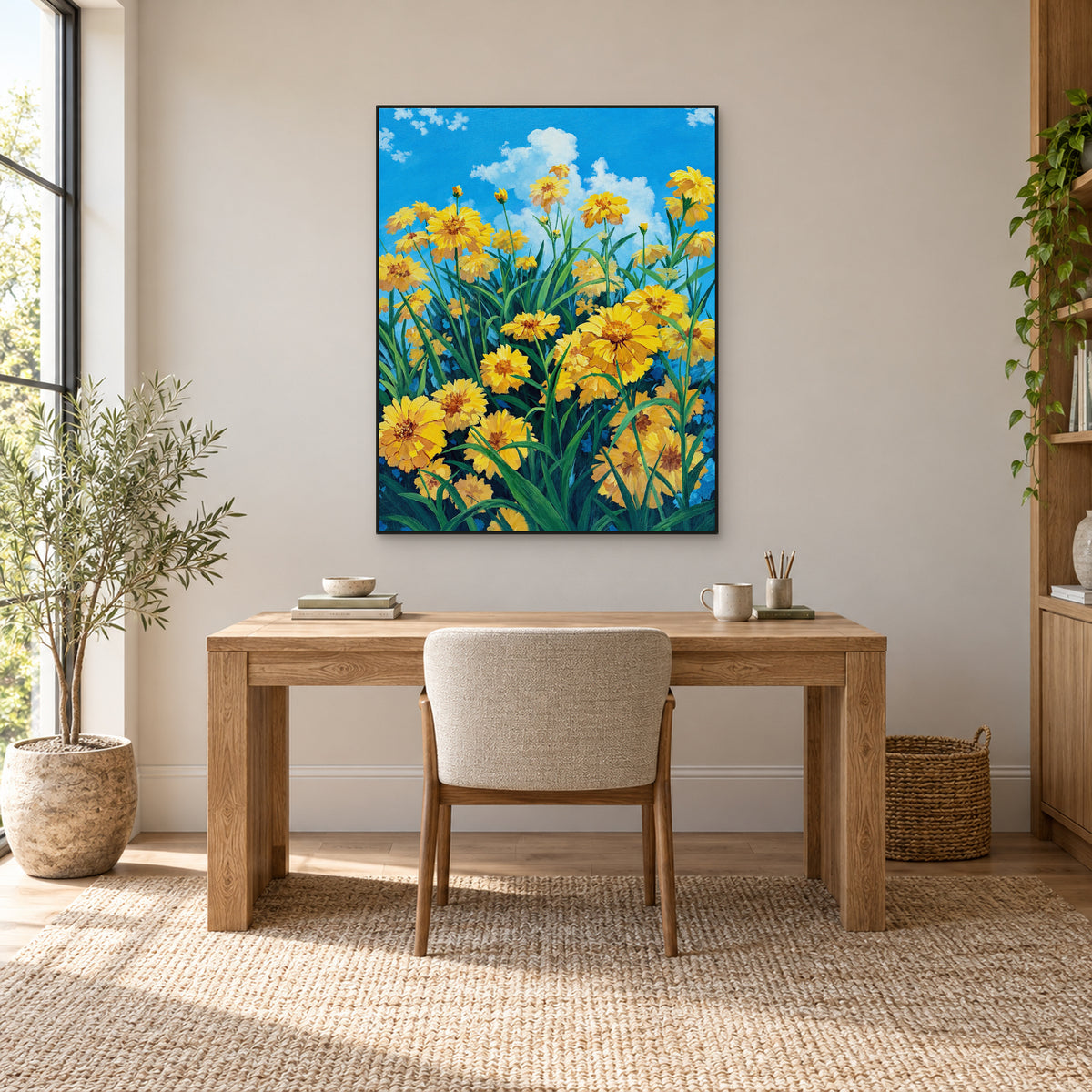 Tableau de prairie au ciel bleu dans un cadre flottant noir, au-dessus d'un bureau en bois