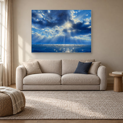 Tableau de nuages bleus et de rayons lumineux, dans un cadre flottant blanc au-dessus d’un petit canapé beige.