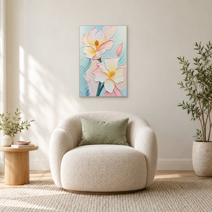 Raised cream and blush flowers in a white frame above a curved ivory armchair beside a round wooden table