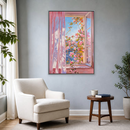 Tableau rose et bleu de fenêtre fleurie près d’un fauteuil crème sur un mur bleu gris