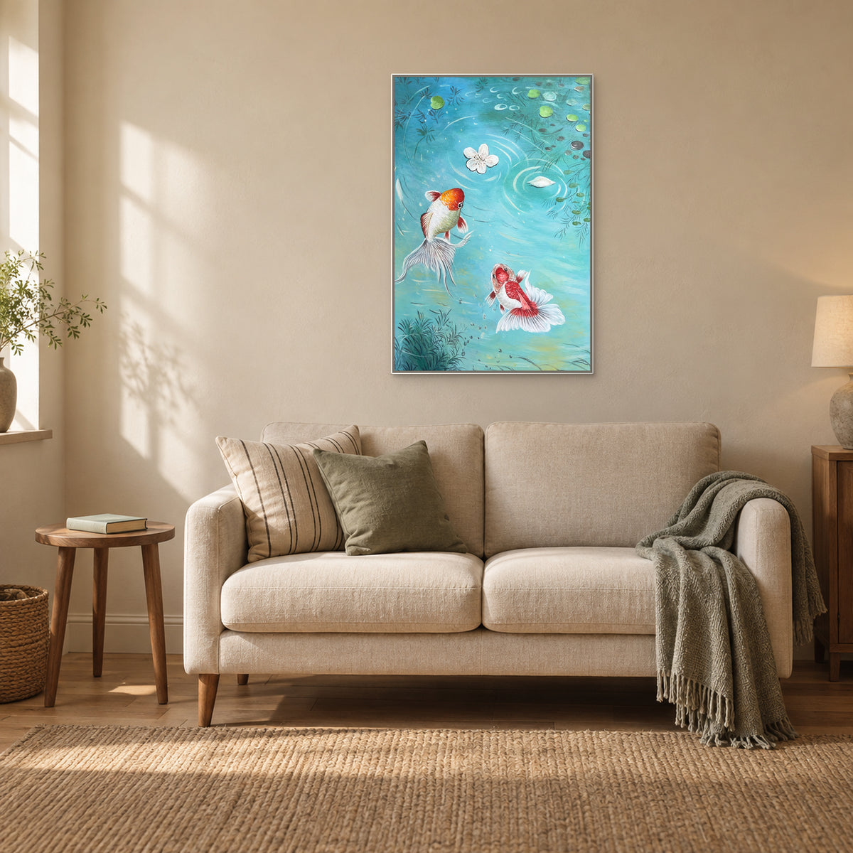 Tableau de poissons aux longues nageoires en caisse américaine blanche au-dessus d’une banquette crème