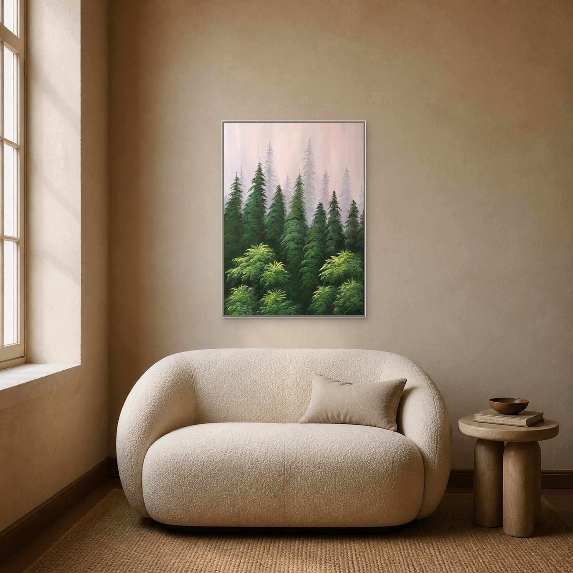 Misty pine forest painting in a slim white floating frame centred above an ivory boucle loveseat