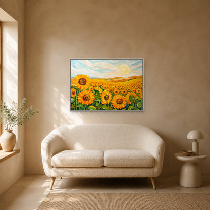 Sunflower field painting in a slim white floating frame centred above an ivory loveseat