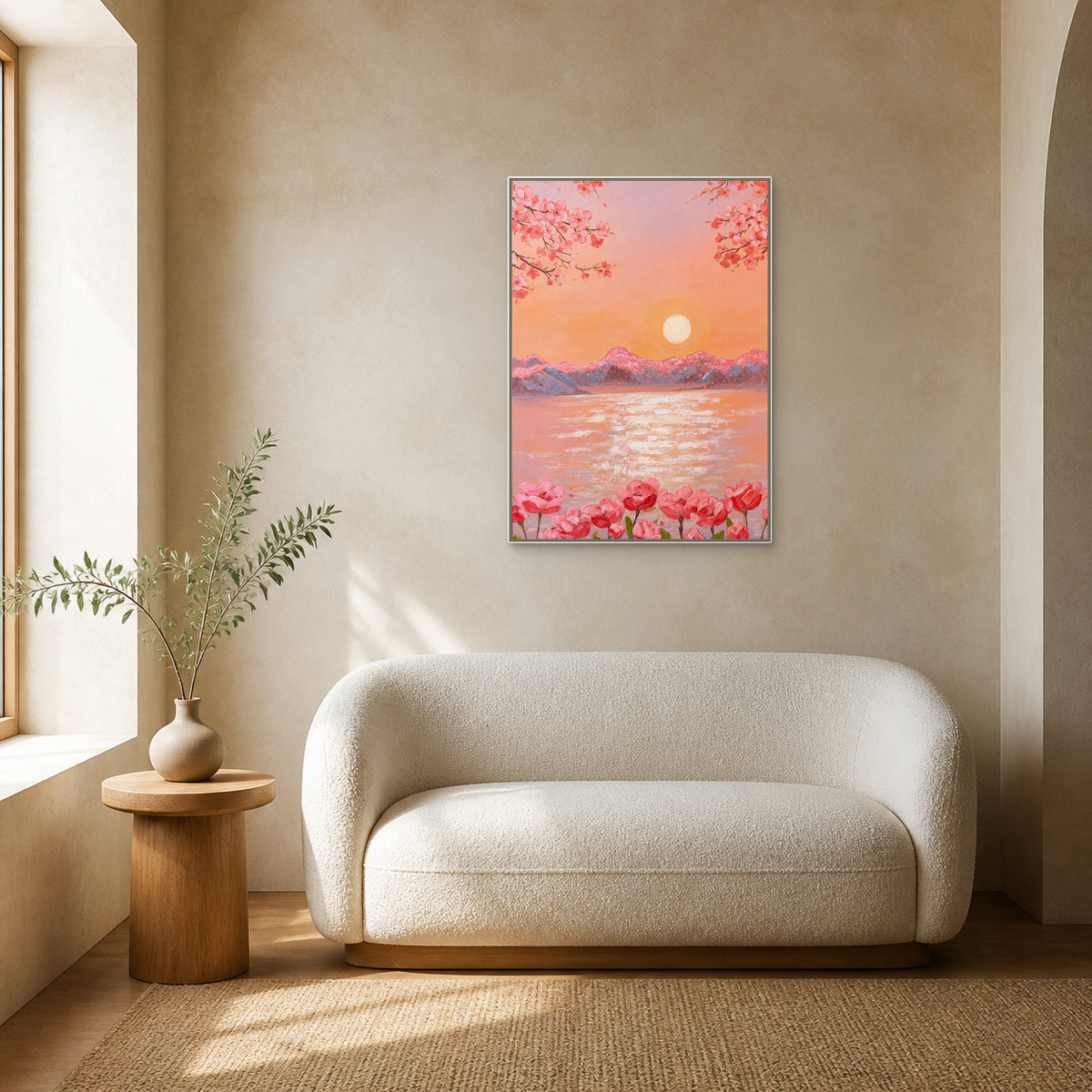 Lever de soleil aux fleurs de pêcher dans une fine caisse américaine blanche centrée au-dessus d’une banquette bouclée ivoire