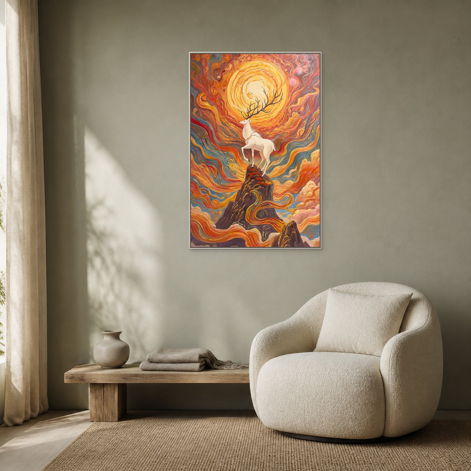 Tableau du cerf blanc et des nuages fluides dans une fine caisse américaine blanche au-dessus d’un coin lecture ivoire