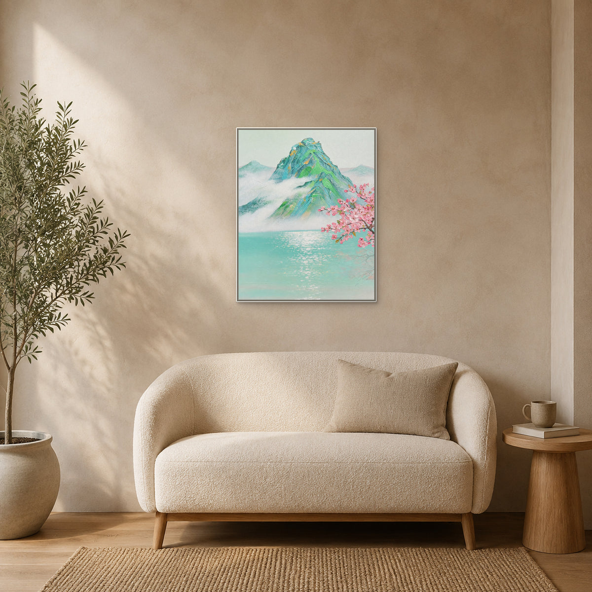 Tableau de montagne brumeuse en fleurs dans une fine caisse américaine blanche au-dessus d’une banquette bouclée ivoire