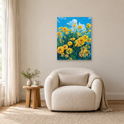 Tableau floral jaune dans un cadre flottant blanc, au-dessus d'un fauteuil de lecture