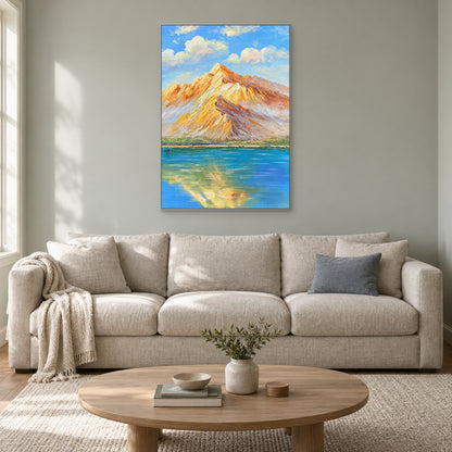 Paysage vertical de montagnes ambrées dans un cadre argenté, au-dessus d'un canapé écru sur un mur gris sauge