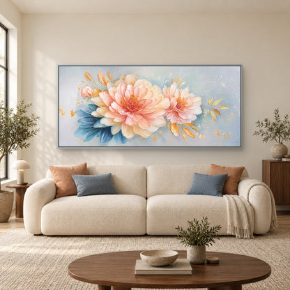 Panorama de pivoines roses dans un cadre flottant argenté, au-dessus d’un canapé crème aux coussins pêche et bleus