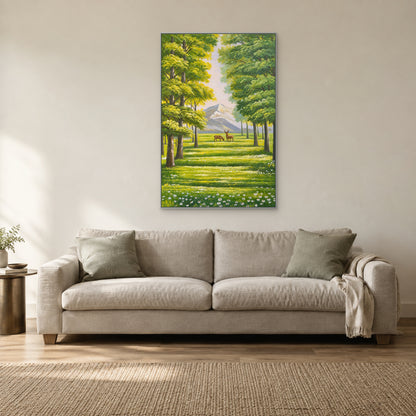 Deer woodland landscape in a silver-tone frame above a light linen sofa on an ivory wall