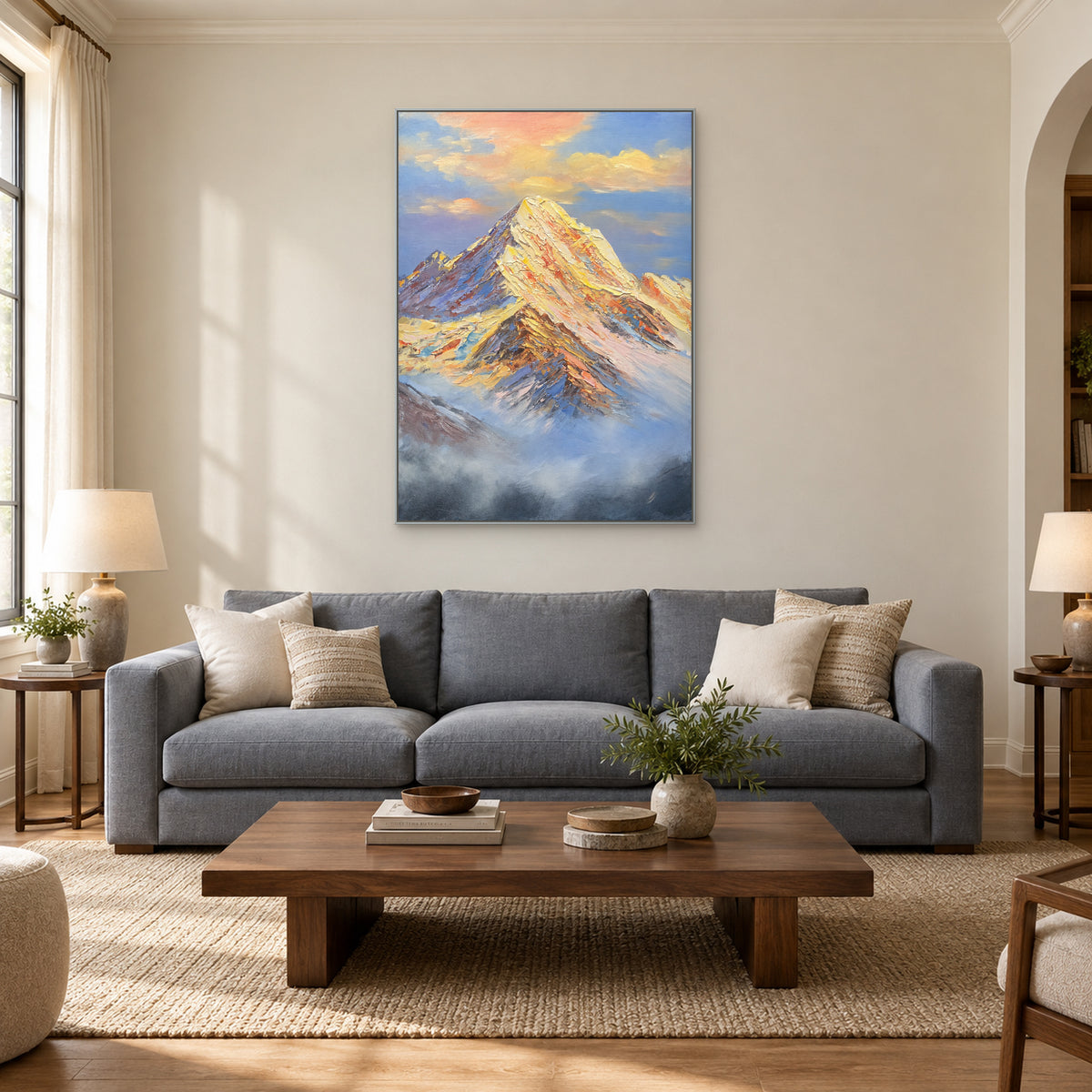 Tableau vertical de montagne et de brume dans un cadre argenté, centré au-dessus d'un canapé gris