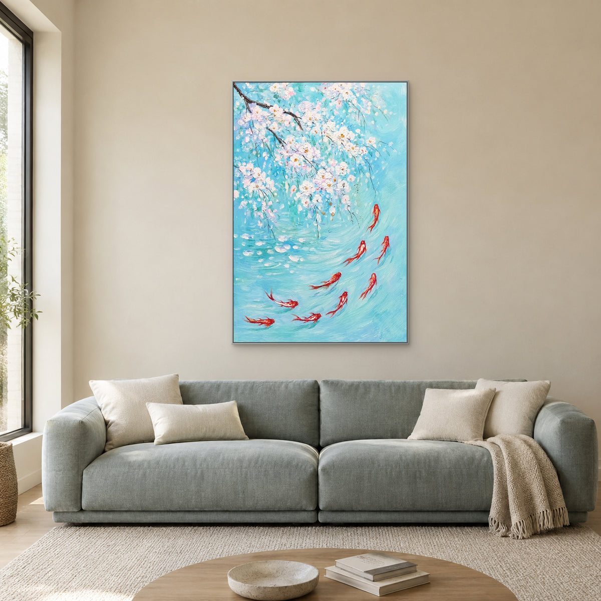 Tableau vertical de carpes dans un cadre flottant argenté, au-dessus d’un canapé vert d’eau sur un mur aux tons pierre chauds.