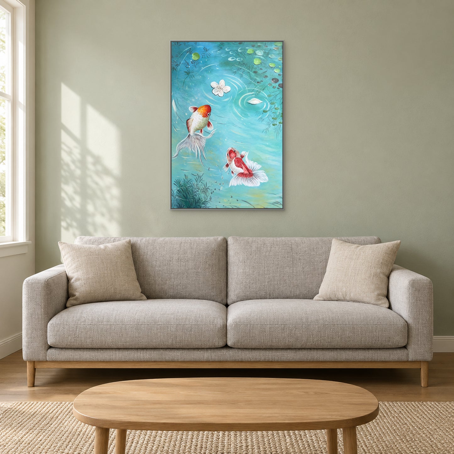 Poissons rouges et blancs dans l’eau turquoise en caisse américaine aspect argent au-dessus d’un canapé