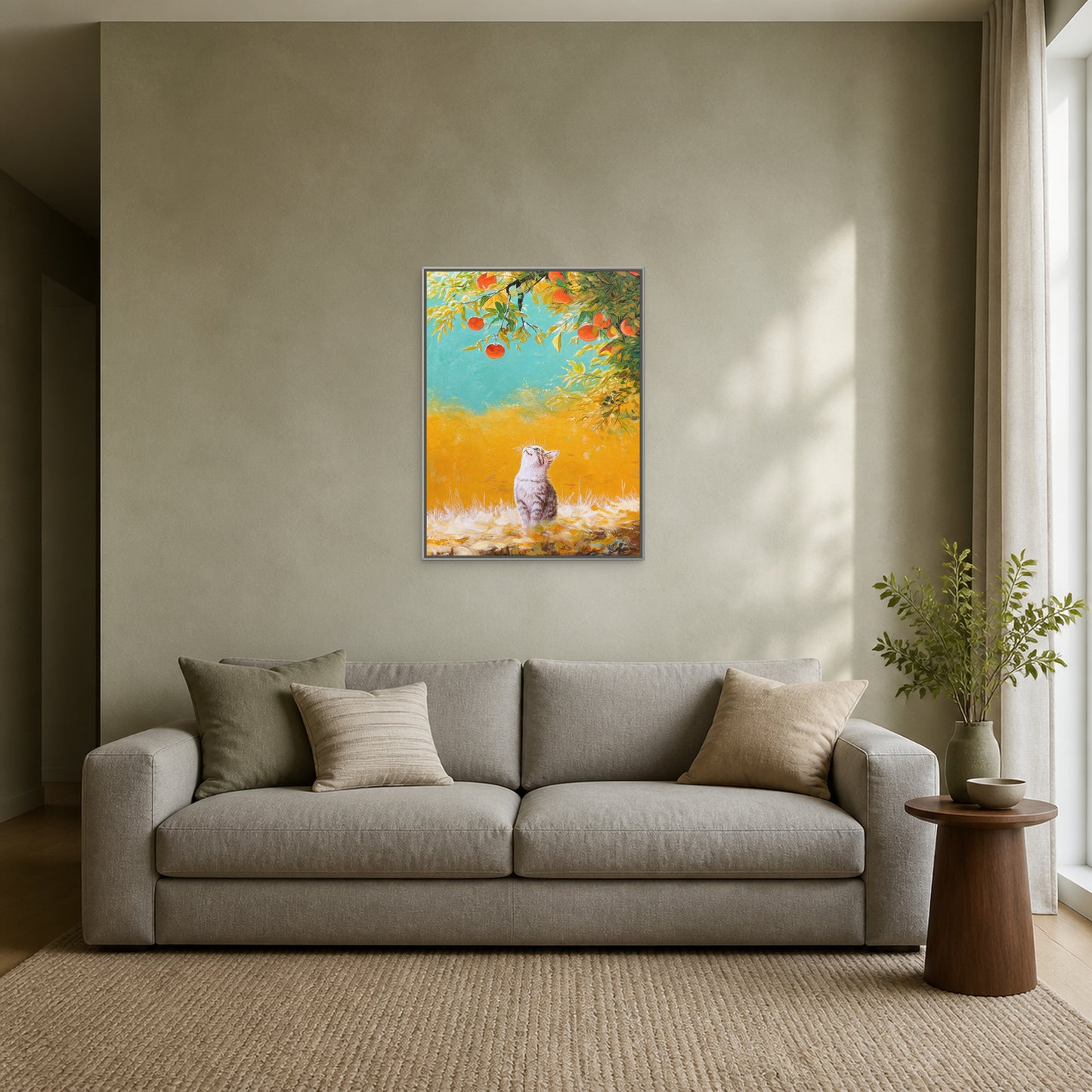 Beneath the Persimmon Tree in a slim silver floating frame above a grey sofa on a pale sage wall