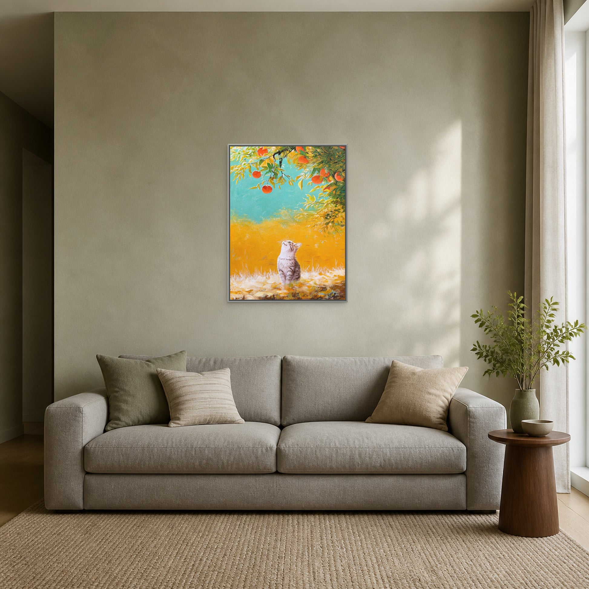 Beneath the Persimmon Tree in a slim silver floating frame above a grey sofa on a pale sage wall