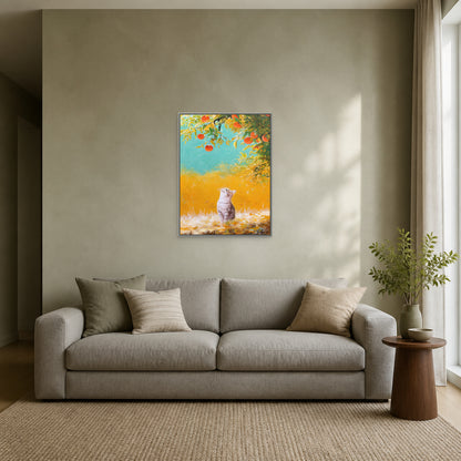 Beneath the Persimmon Tree in a slim silver floating frame above a grey sofa on a pale sage wall
