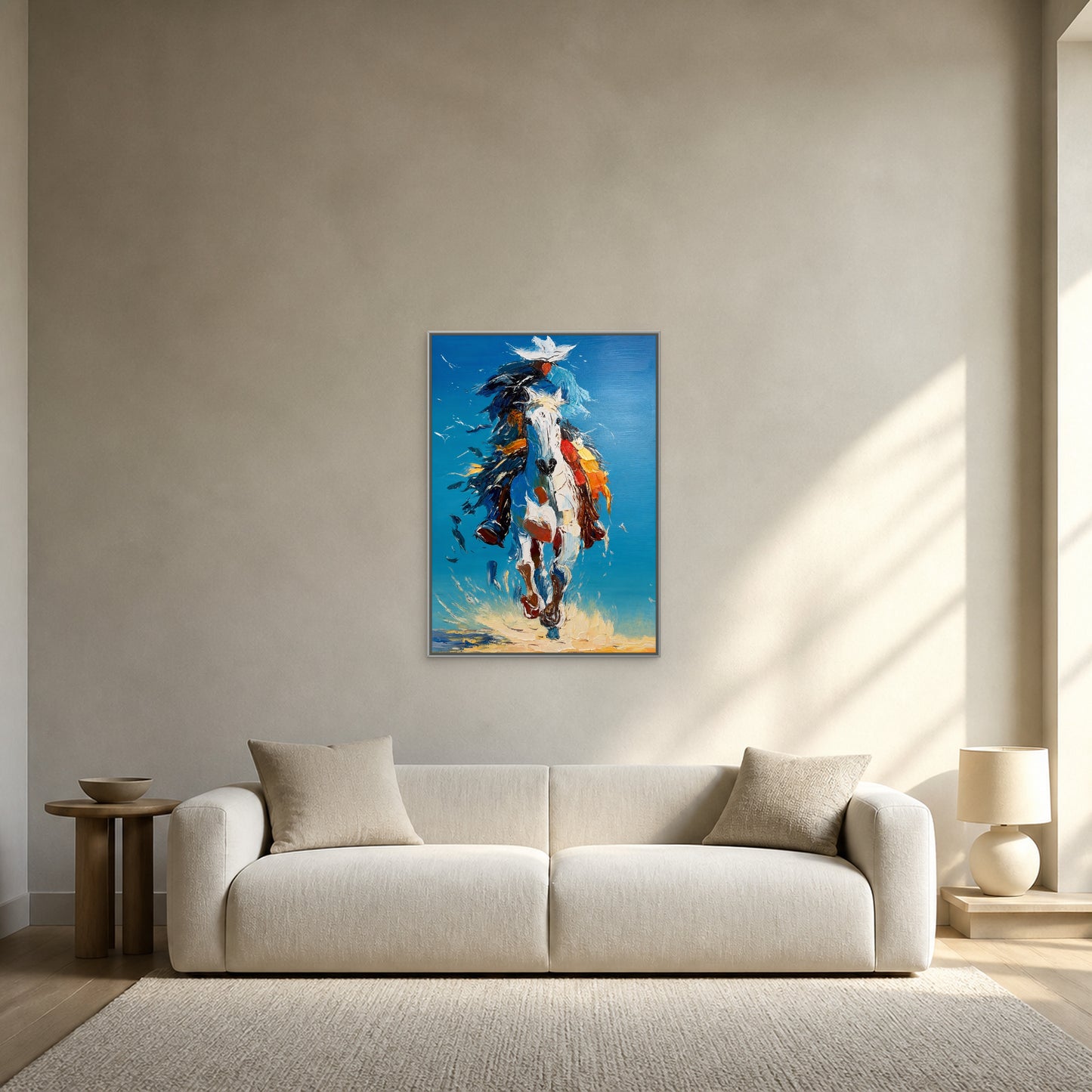 Galop sous le ciel bleu dans un fin cadre flottant argenté centré au-dessus d’un canapé ivoire sur un mur gris chaud
