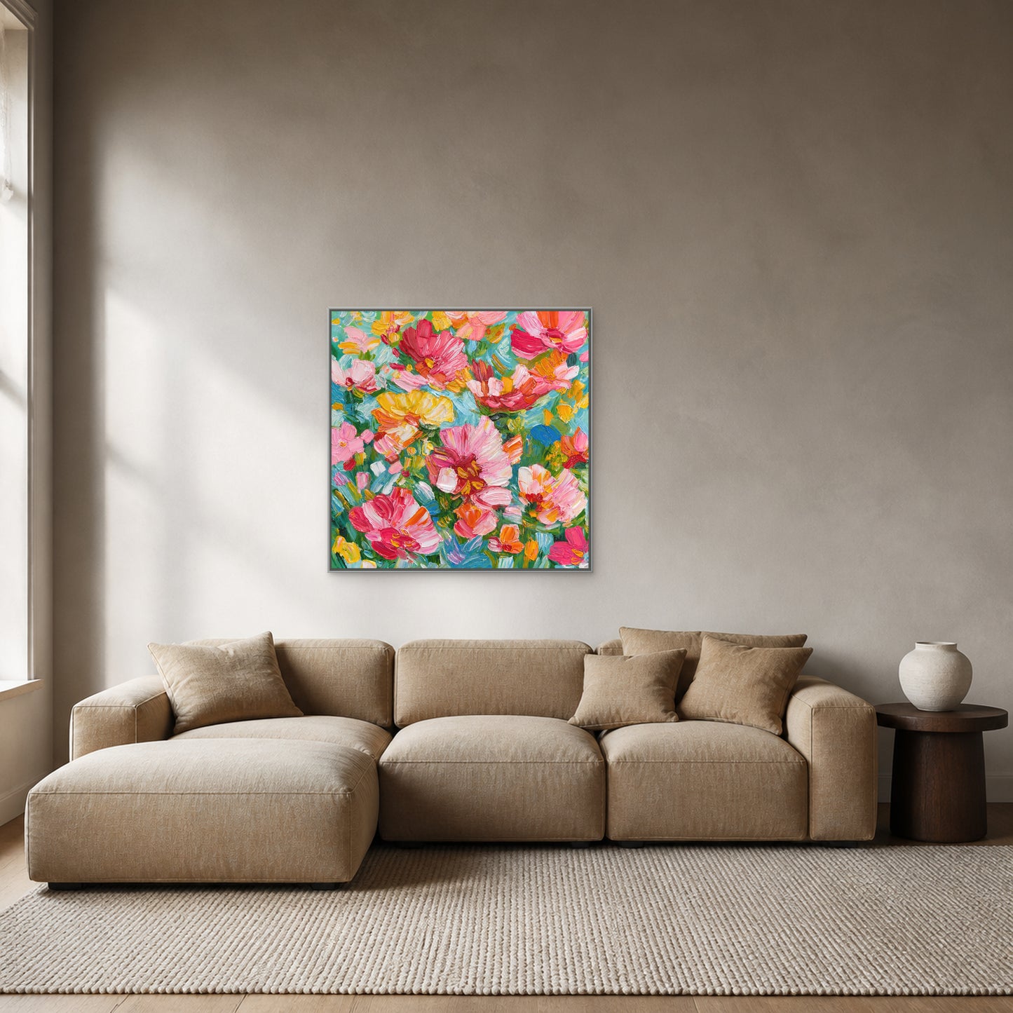 Abondance florale dans un fin cadre flottant argenté au-dessus d’un canapé modulable beige camel sur un mur gris taupe