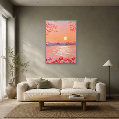 Lever de soleil aux fleurs de pêcher dans une fine caisse américaine argentée au-dessus d’un canapé crème sur un mur gris sauge