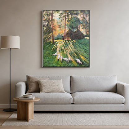 Woodland Morning in a slim silver floating frame above a light grey living room sofa