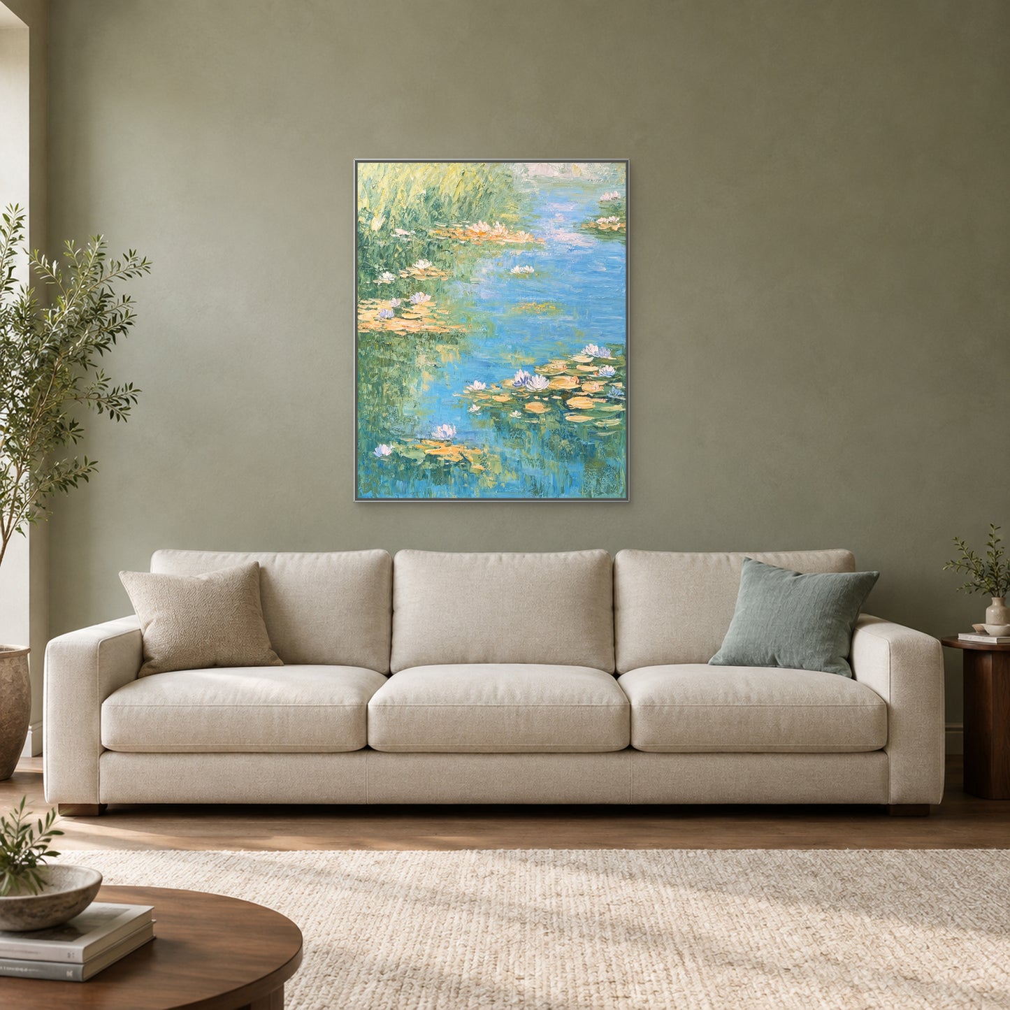 Tableau vertical de bassin bleu-vert dans une caisse américaine aspect argent au-dessus d’un canapé crème sur un mur sauge