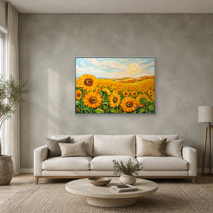 Sunflower field painting in a slim silver floating frame above a cream sofa on a muted sage-grey wall