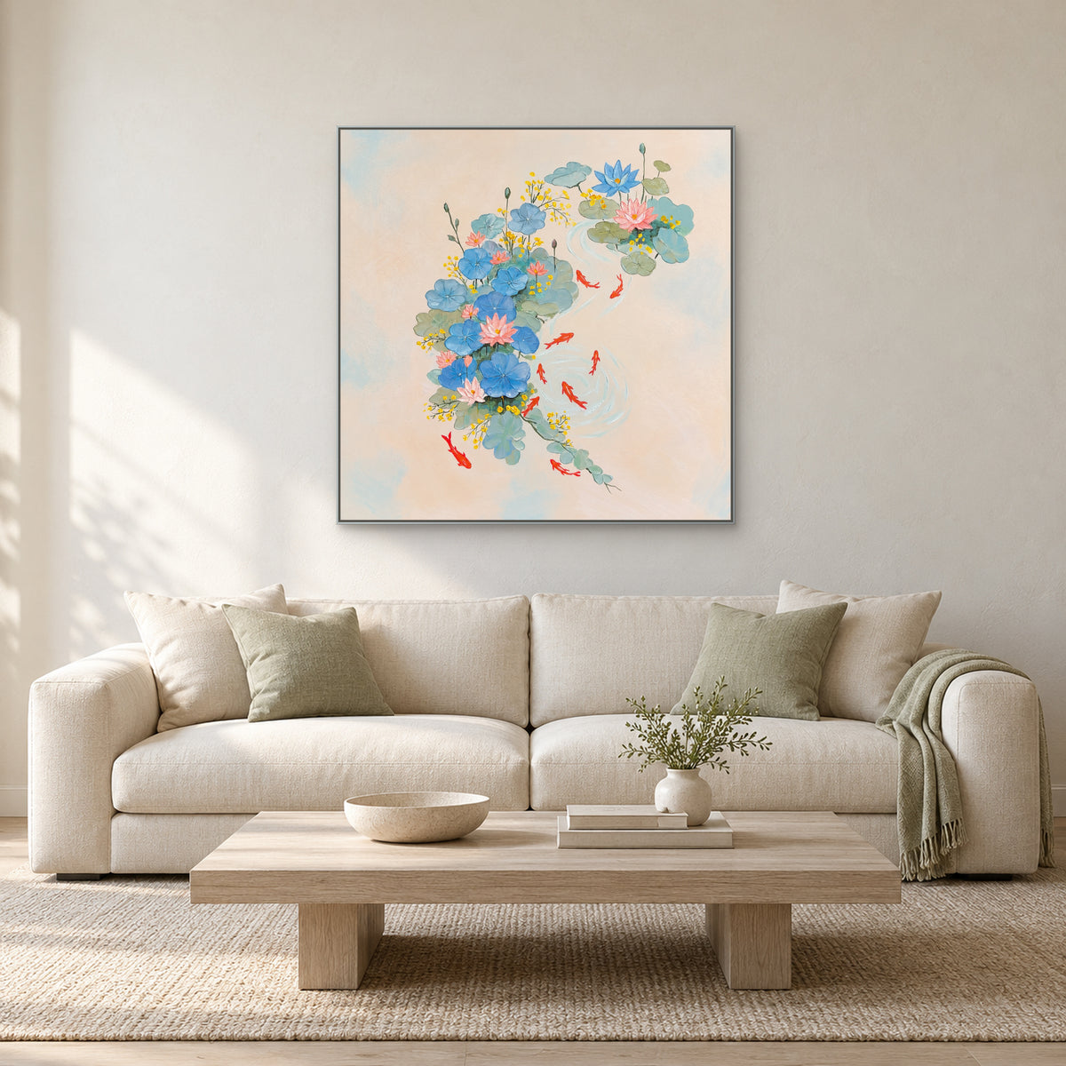 Square lotus and koi artwork in a silver-toned frame centred above a cream sofa