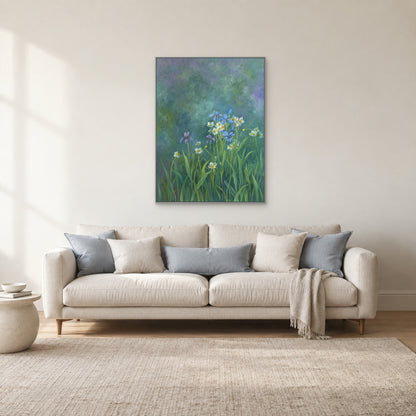 Tableau floral vert bleuté dans un cadre argenté, au-dessus d’un canapé crème aux coussins bleu pâle