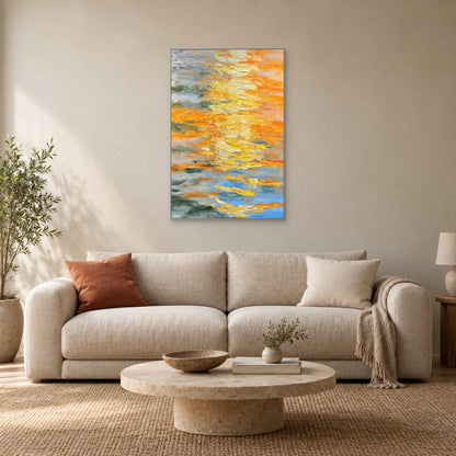 Yellow and orange abstract in a silver-toned frame above an oatmeal sofa with a rust cushion and round pale stone table