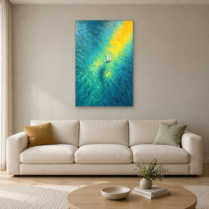 Tableau de voilier turquoise au cadre argenté, centré au-dessus d’un canapé crème dans un salon lumineux.