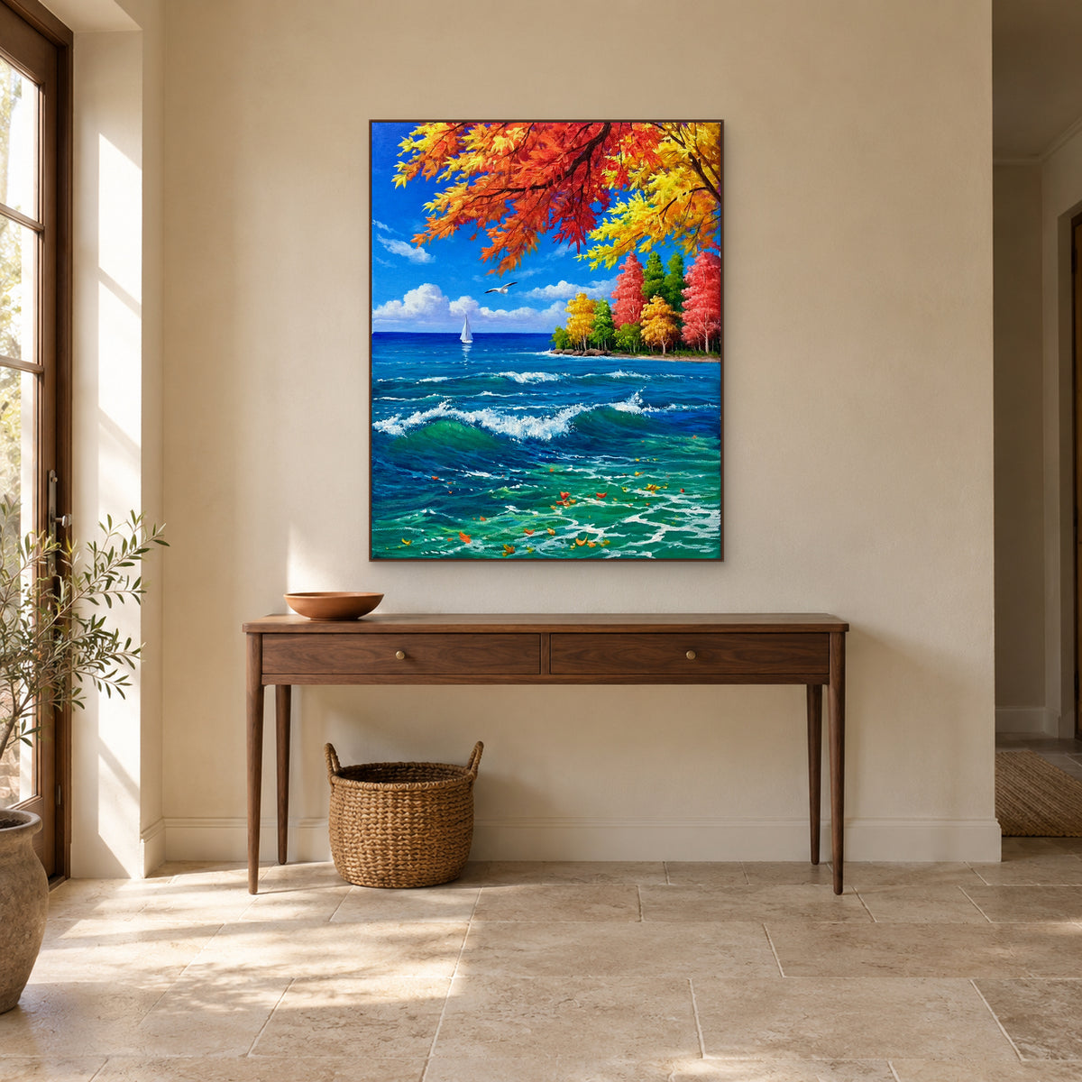 Paysage côtier automnal vertical dans un cadre ton noyer, centré au-dessus d’une console d’entrée étroite