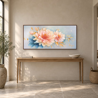 Pivoines roses et feuilles bleues dans un cadre flottant ton noyer, au-dessus d’une console d’entrée en bois aux pieds fins