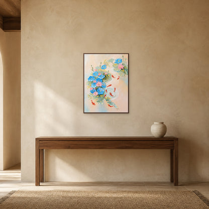 Nine Koi and Lotus in a slim walnut floating frame above a walnut console on a warm sand wall