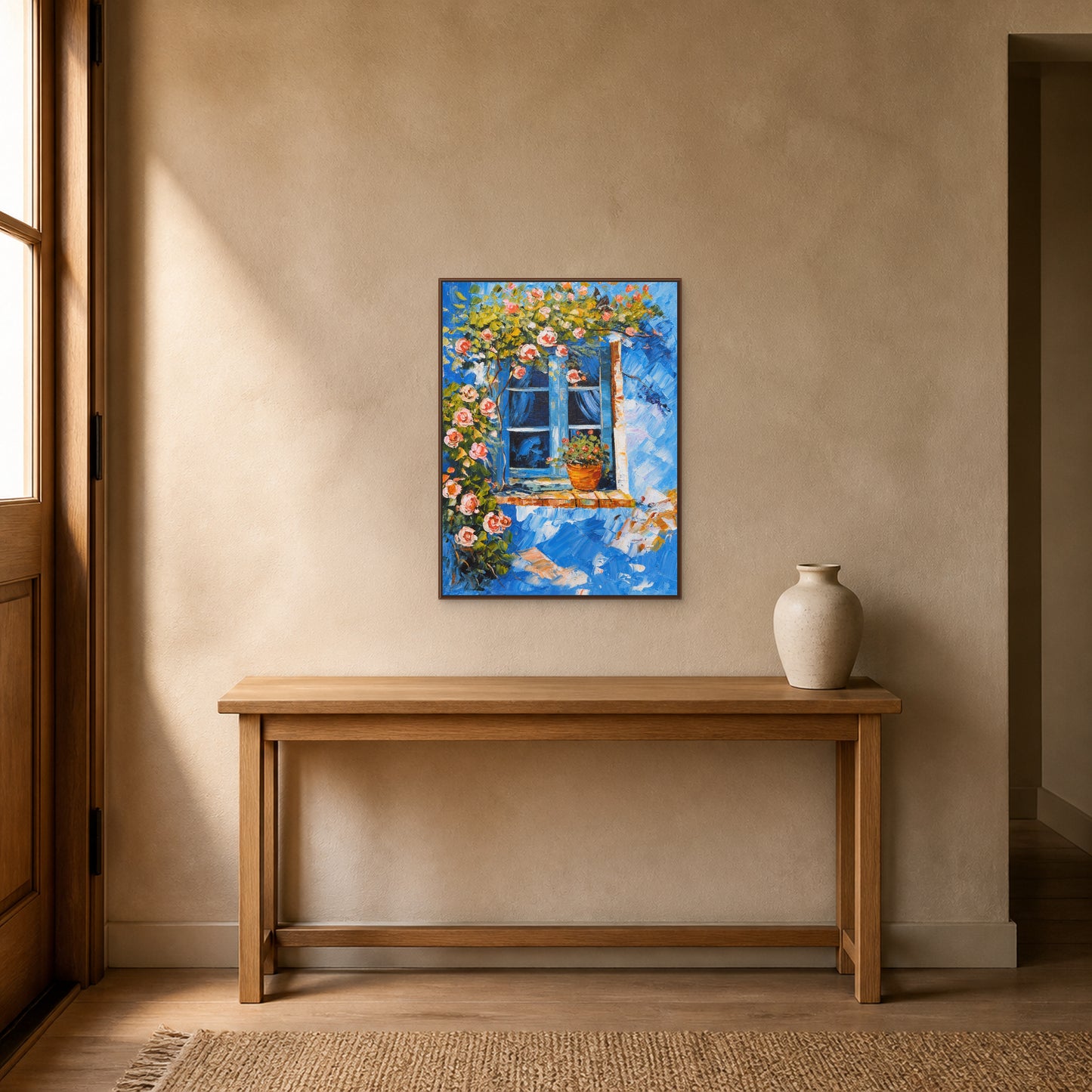 Blue Window in Bloom in a slim walnut floating frame above a warm entryway console
