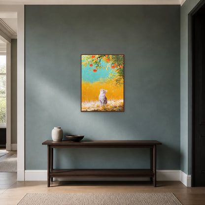 Beneath the Persimmon Tree in a slim walnut floating frame above a dark console on a muted blue-green entryway wall