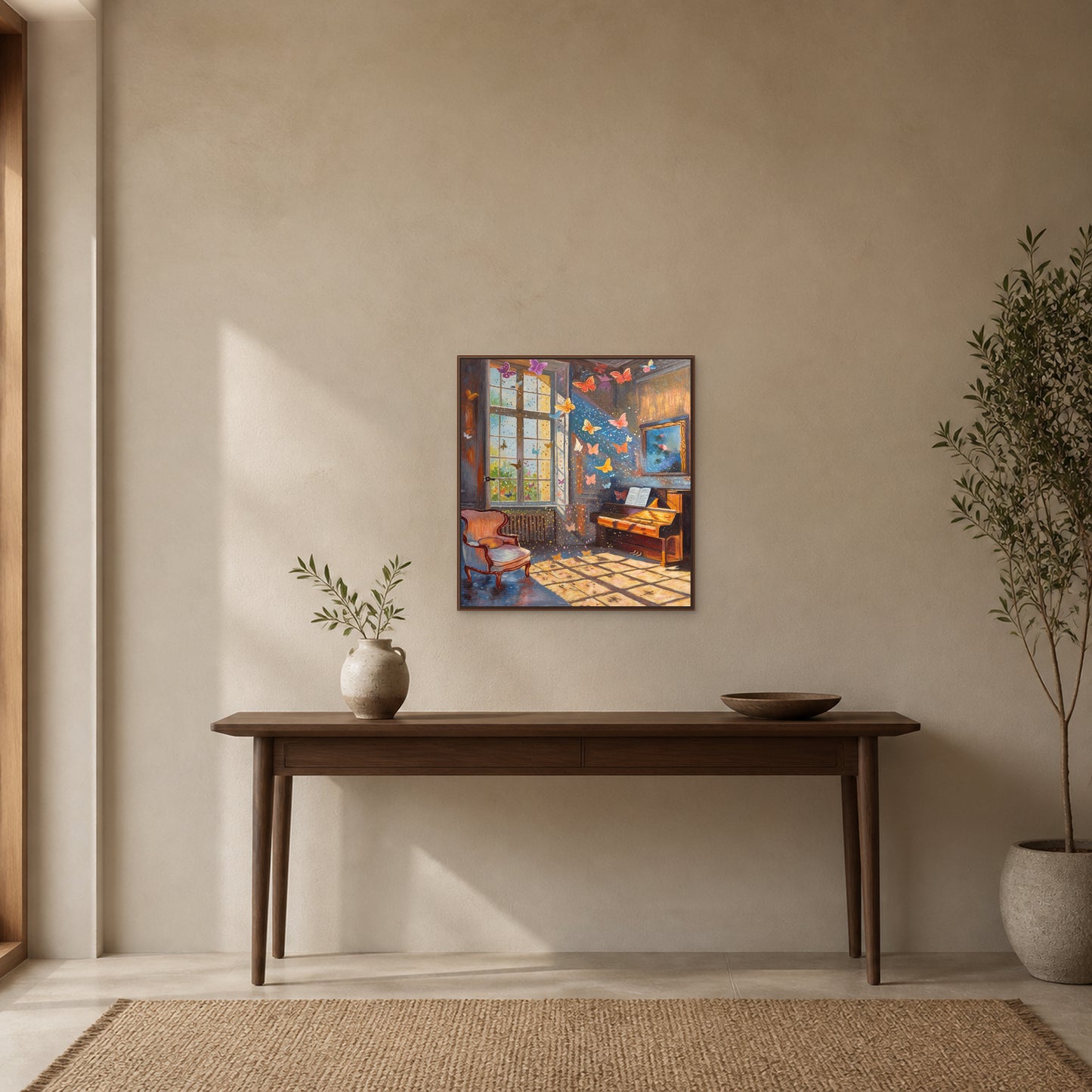 Papillons dans le salon de musique dans un fin cadre flottant en noyer au-dessus d’une console dans une entrée couleur pierre chaude