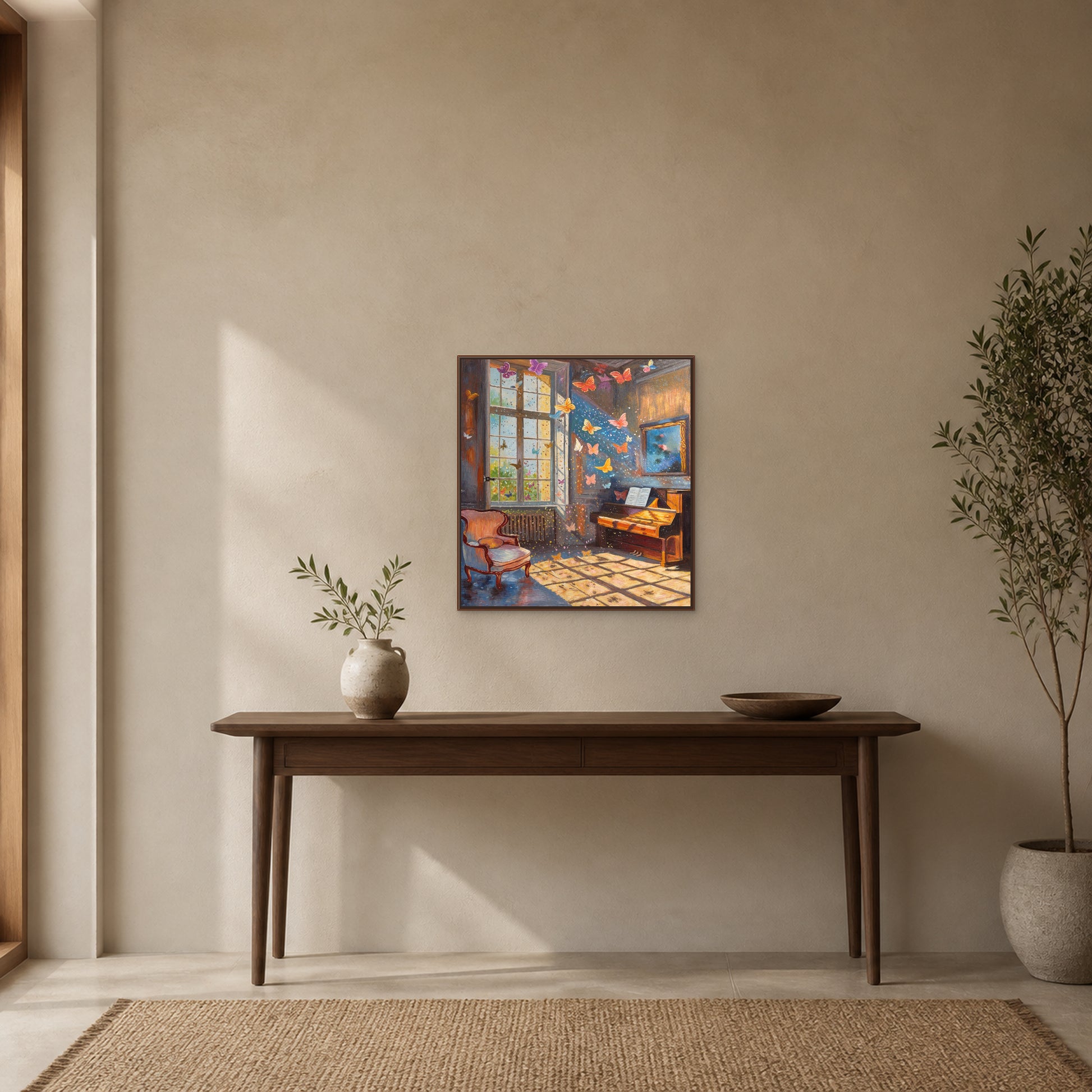 Papillons dans le salon de musique dans un fin cadre flottant en noyer au-dessus d’une console dans une entrée couleur pierre chaude