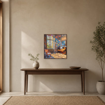 Papillons dans le salon de musique dans un fin cadre flottant en noyer au-dessus d’une console dans une entrée couleur pierre chaude