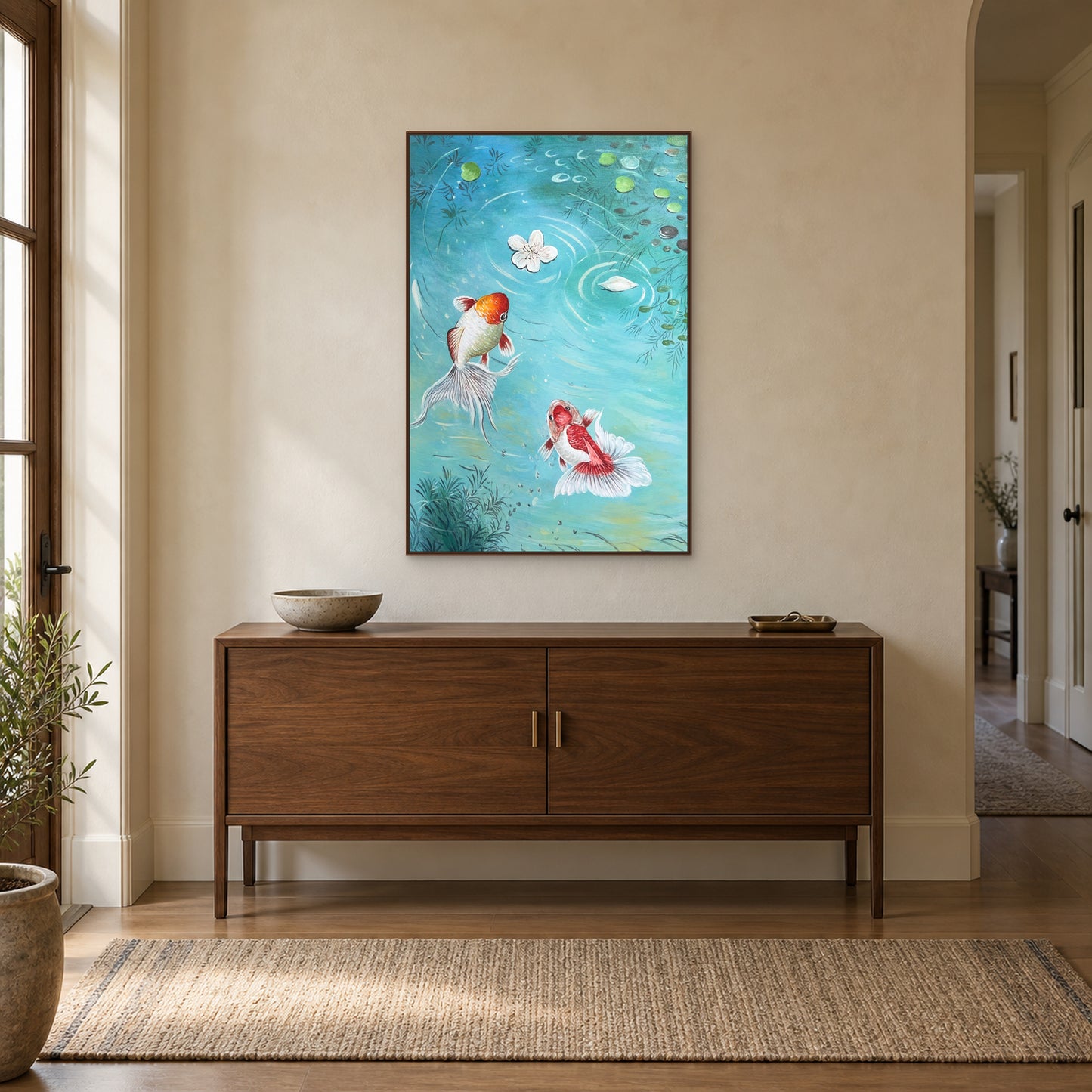 Tableau vertical de poissons en caisse américaine aspect noyer au-dessus d’un meuble d’entrée