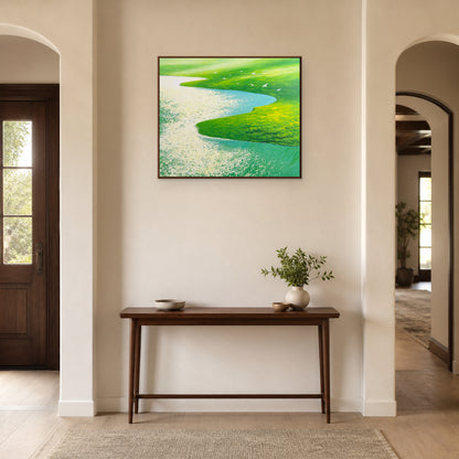 Flight Over Green Meadows in a slim walnut floating frame above a wood entryway console