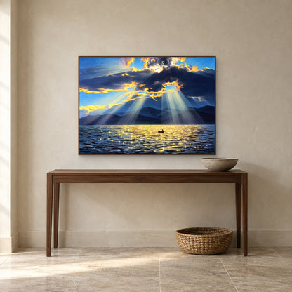 Lumière dorée sur un lac de montagne bleu, dans un cadre aspect noyer au-dessus d'une console d'entrée