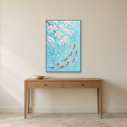 Tableau de carpes et de fleurs blanches dans un cadre flottant couleur noyer, centré au-dessus d’une fine console en chêne sur un mur ivoire.