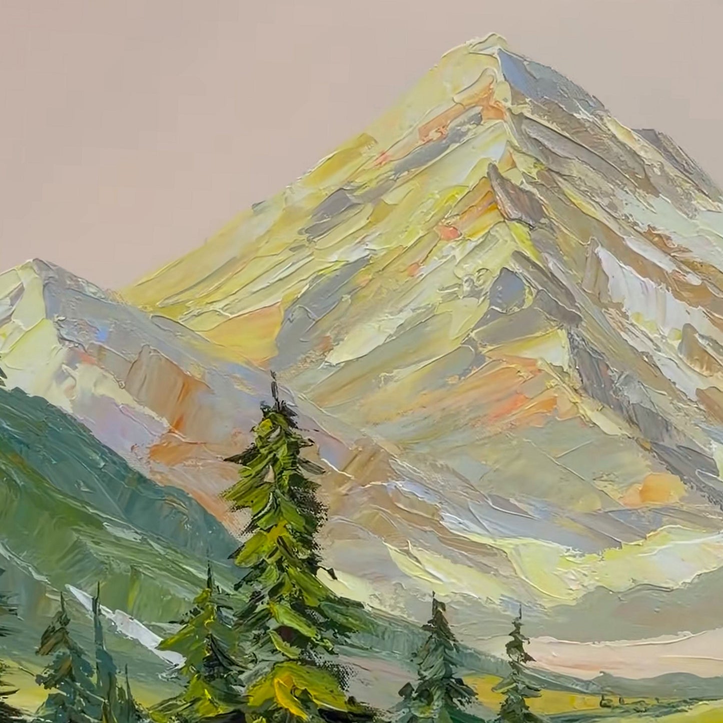 Close view of raised palette-knife texture across the mountain peak