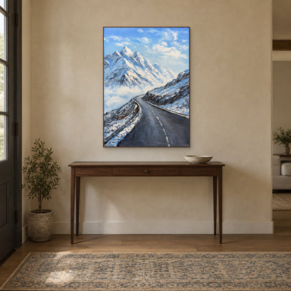 Tableau texturé de route en montagne, cadre flottant ton noyer, centré au-dessus d’une console d’entrée en bois