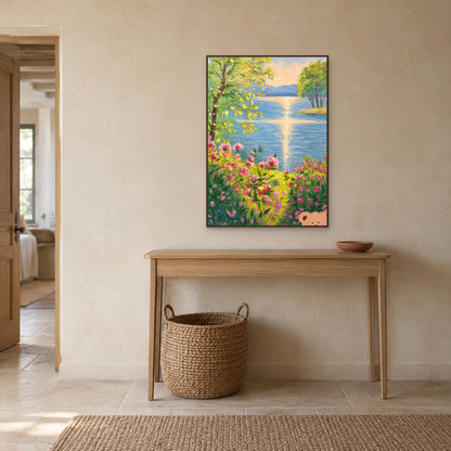 Sunlit Lake in Bloom in a walnut-toned floating frame centred above a slim wood entryway console with a basket underneath
