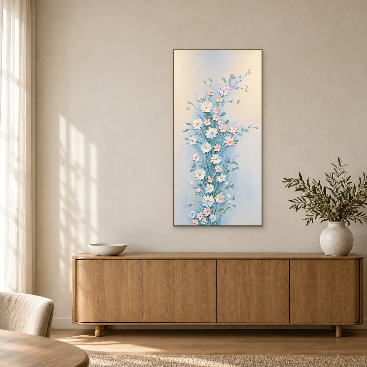 Tableau de fleurs blanches et roses à cadre champagne au-dessus d’un buffet en chêne, avec des branches à droite