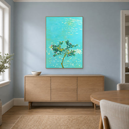 Blossoms over Turquoise in a champagne-tone frame above an oak-tone sideboard on a powder blue dining-room wall