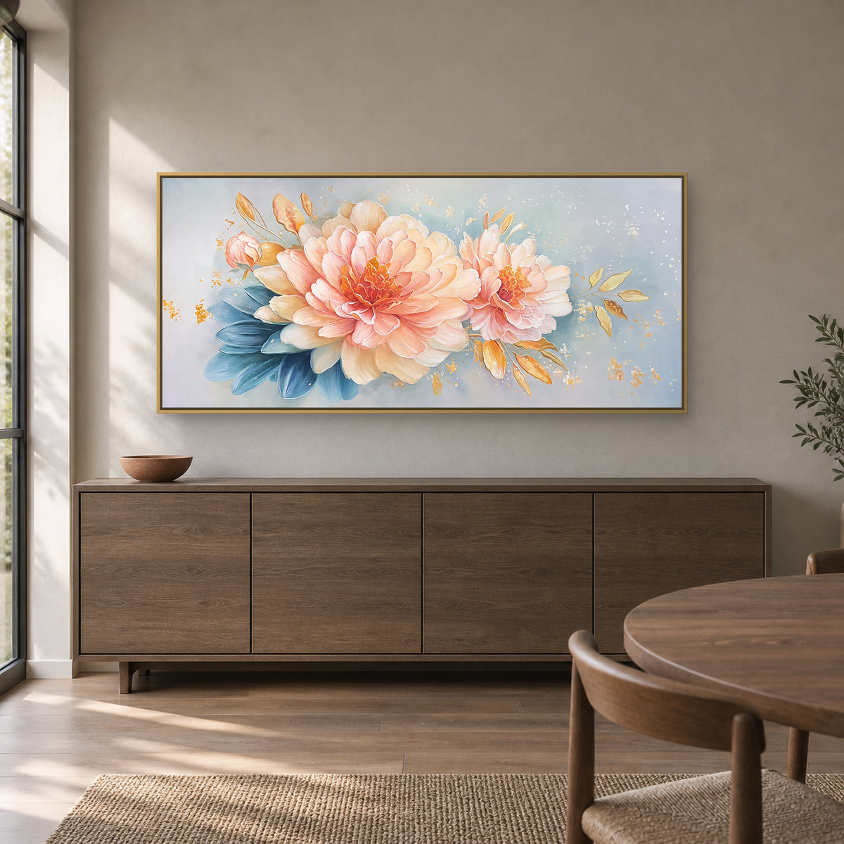 Panorama de pivoines dans un cadre flottant champagne, au-dessus d’un buffet en bois sombre près d’une table ronde